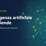 Illustrazione con una rete di nodi luminosi e il titolo Intelligenza artificiale per aziende: usi concreti nelle piccole imprese